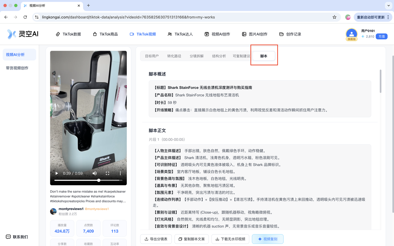 视频 AI 分析生成的结构化脚本