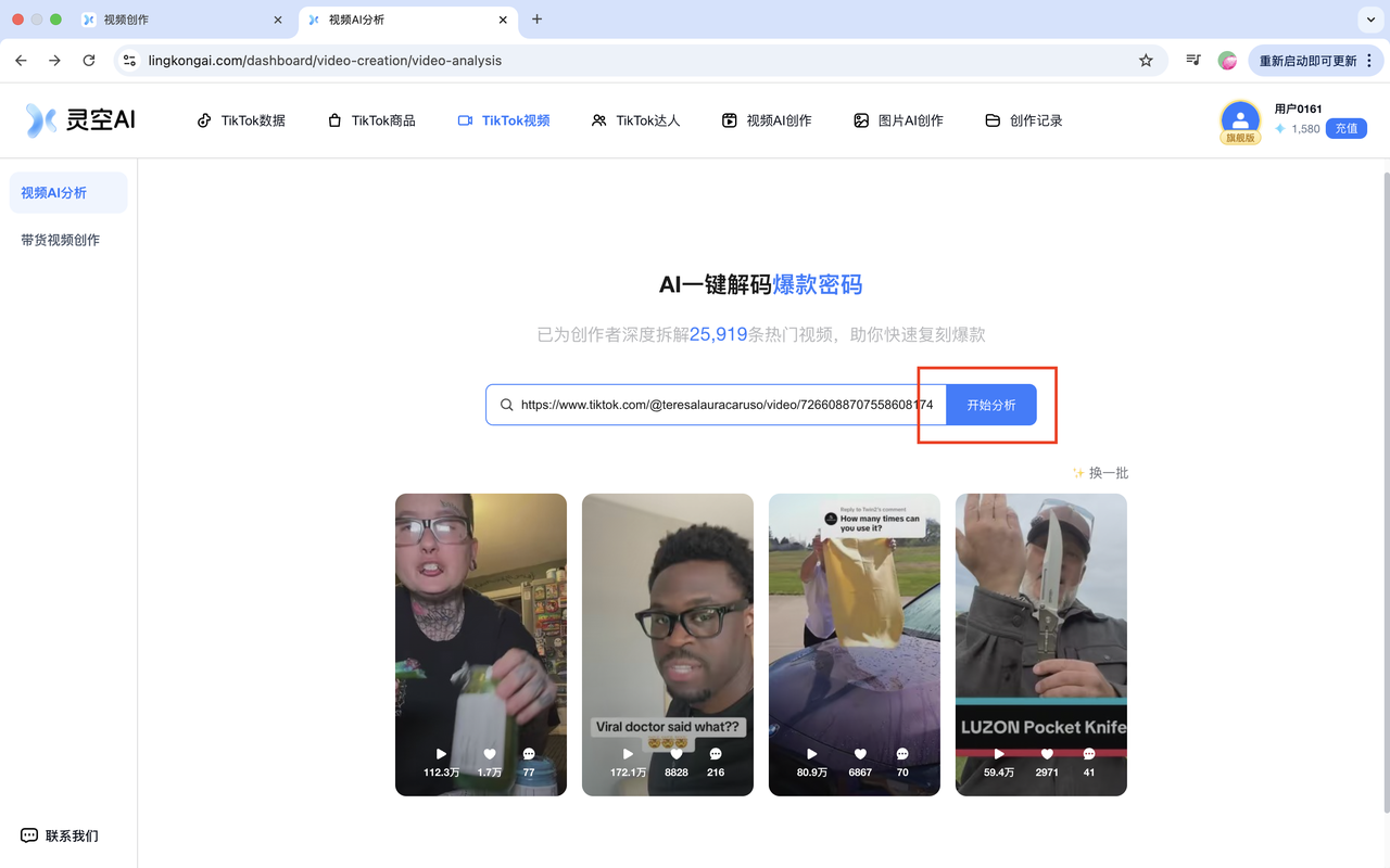 TikTok 视频页面的视频 AI 分析搜索区域